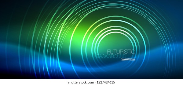 Neon glowing circles background, vector energy magic template