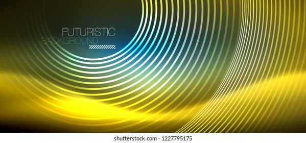Neon glowing circles background, vector energy magic template