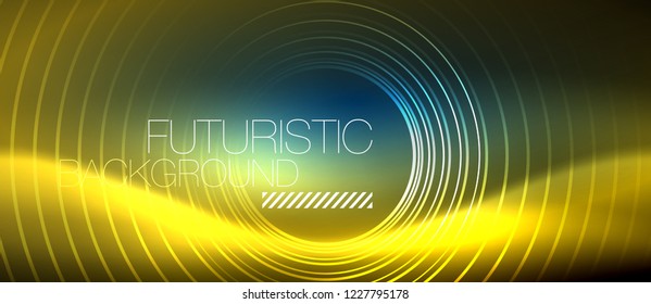 Neon glowing circles background, vector energy magic template