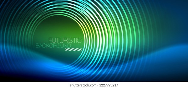 Neon glowing circles background, vector energy magic template