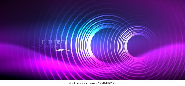 Neon glowing circles background, vector energy magic template