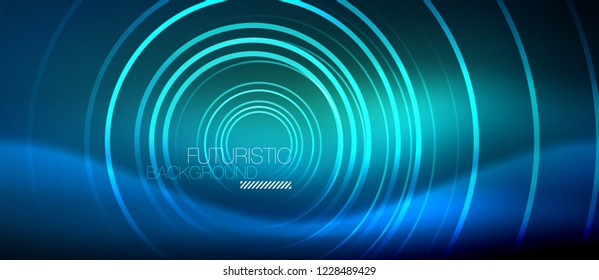 Neon glowing circles background, vector energy magic template