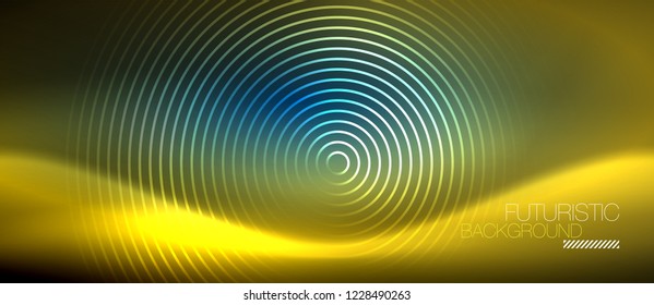 Fondo de los círculos brillantes neones, plantilla de magia de energía vectorial
