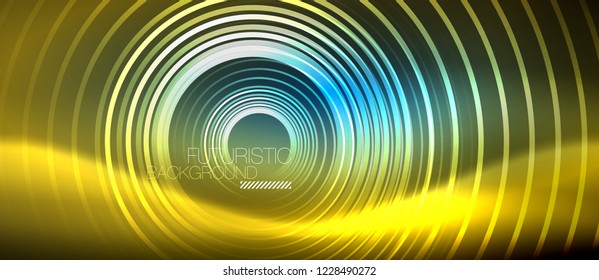 Neon glowing circles background, vector energy magic template
