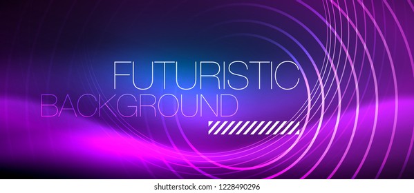 Neon glowing circles background, vector energy magic template