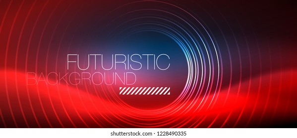 Neon glowing circles background, vector energy magic template