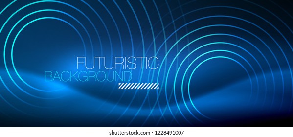Neon glowing circles background, vector energy magic template