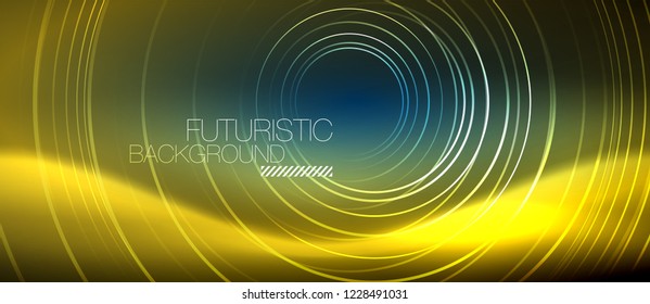 Neon glowing circles background, vector energy magic template