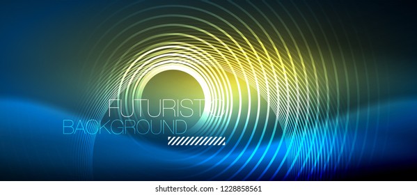 Neon glowing circles background, vector energy magic template