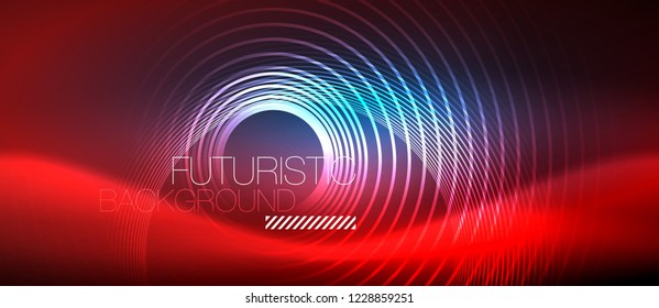 Neon glowing circles background, vector energy magic template