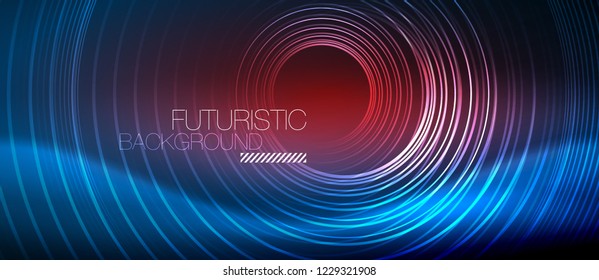 Neon glowing circles background, vector energy magic template
