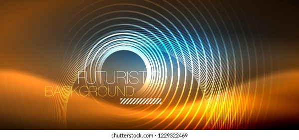 Neon glowing circles background, vector energy magic template