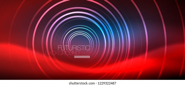 Neon glowing circles background, vector energy magic template