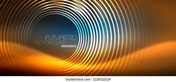 Neon glowing circles background, vector energy magic template