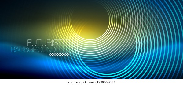 Neon glowing circles background, vector energy magic template