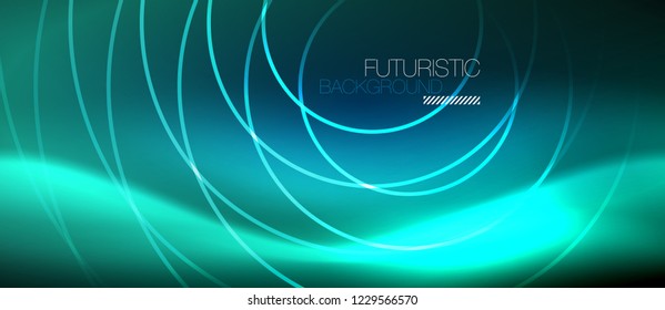 Neon glowing circles background, vector energy magic template