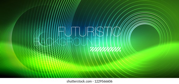 Neon glowing circles background, vector energy magic template