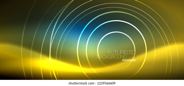 Neon glowing circles background, vector energy magic template