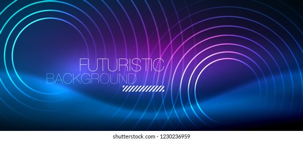 Neon glowing circles background, vector energy magic template