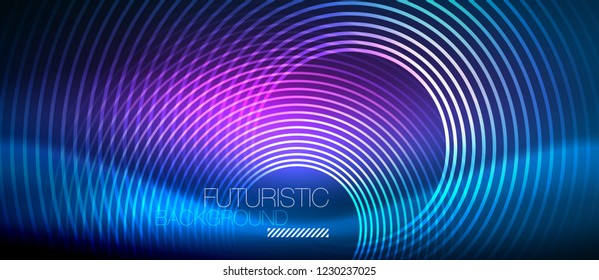 Neon glowing circles background, vector energy magic template