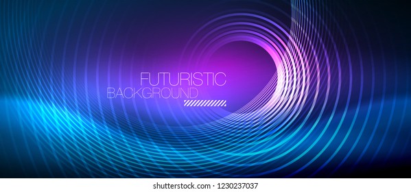 Neon glowing circles background, vector energy magic template