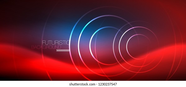 Neon glowing circles background, vector energy magic template