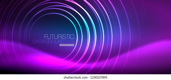 Neon glowing circles background, vector energy magic template
