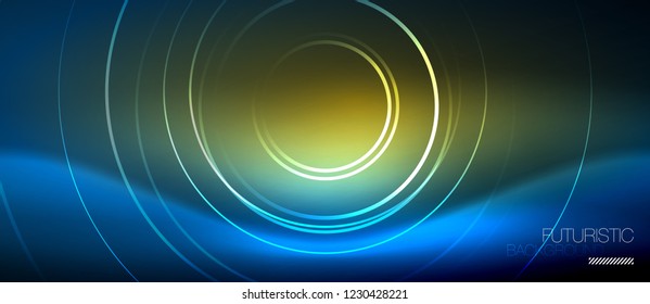 Neon glowing circles background, vector energy magic template