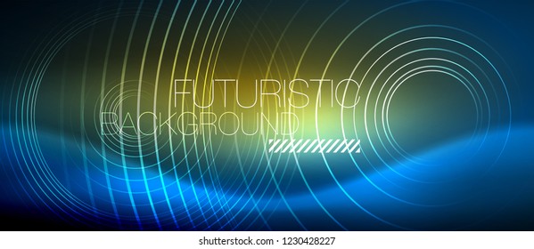 Neon glowing circles background, vector energy magic template
