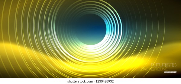 Neon glowing circles background, vector energy magic template