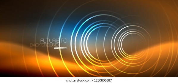 Neon glowing circles background, vector energy magic template