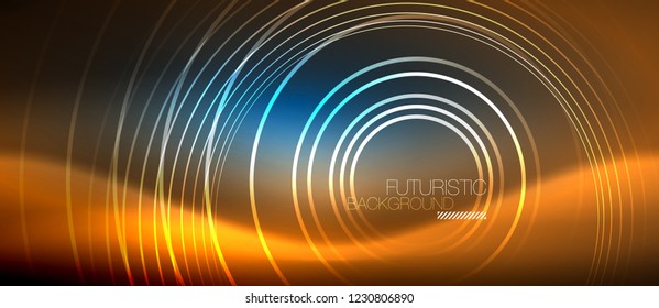 Neon glowing circles background, vector energy magic template