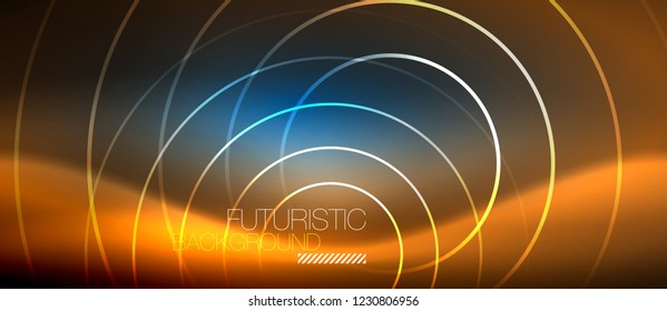 Neon glowing circles background, vector energy magic template