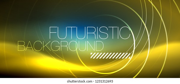 Neon glowing circles background, vector energy magic template