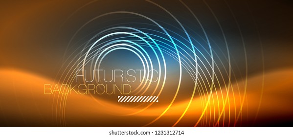 Neon glowing circles background, vector energy magic template