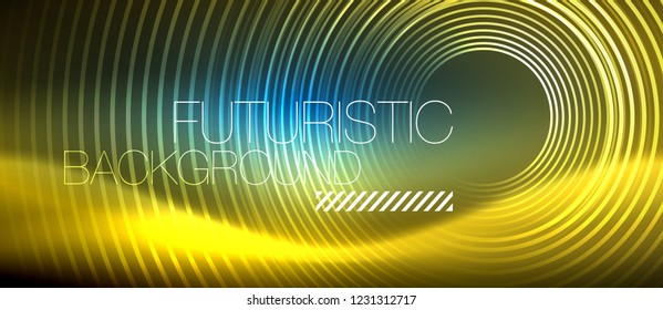 Neon glowing circles background, vector energy magic template