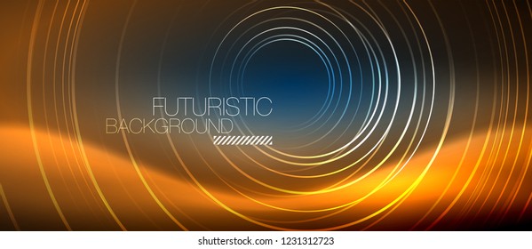 Neon glowing circles background, vector energy magic template