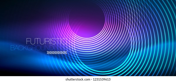 Fondo de los círculos brillantes neones, plantilla de magia de energía vectorial