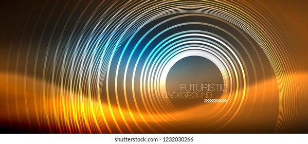 Fondo de los círculos brillantes neones, plantilla de magia de energía vectorial