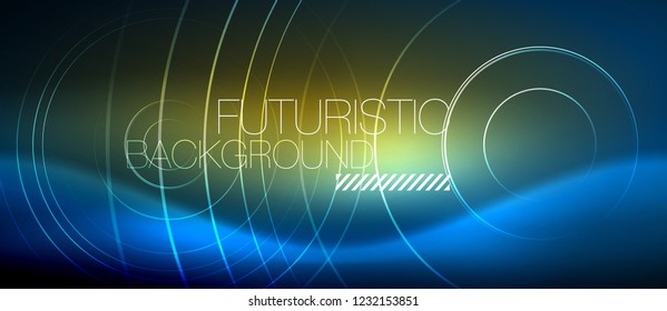 Neon glowing circles background, vector energy magic template