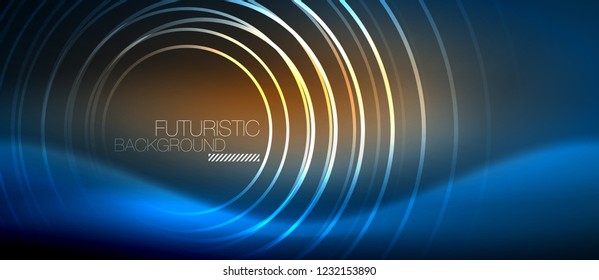 Neon glowing circles background, vector energy magic template