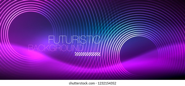 Neon glowing circles background, vector energy magic template