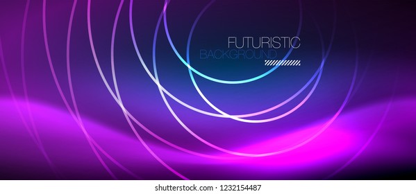 Neon glowing circles background, vector energy magic template