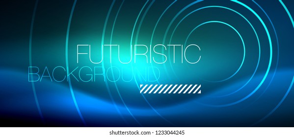 Neon glowing circles background, vector energy magic template