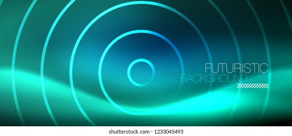 Neon glowing circles background, vector energy magic template