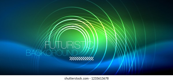 Fondo de los círculos brillantes neones, plantilla de magia de energía vectorial