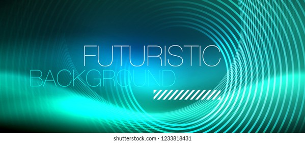 Neon glowing circles background, vector energy magic template