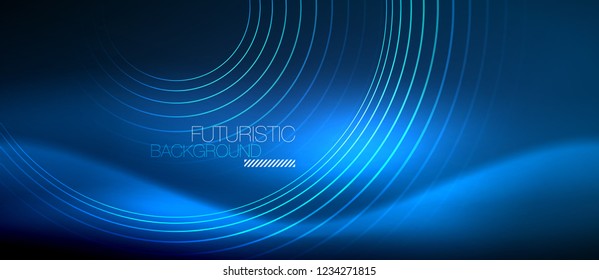 Neon glowing circles background, vector energy magic template