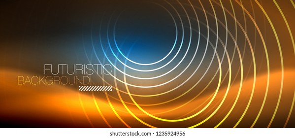 Neon glowing circles background, vector energy magic template