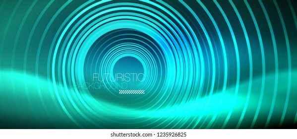 Neon glowing circles background, vector energy magic template